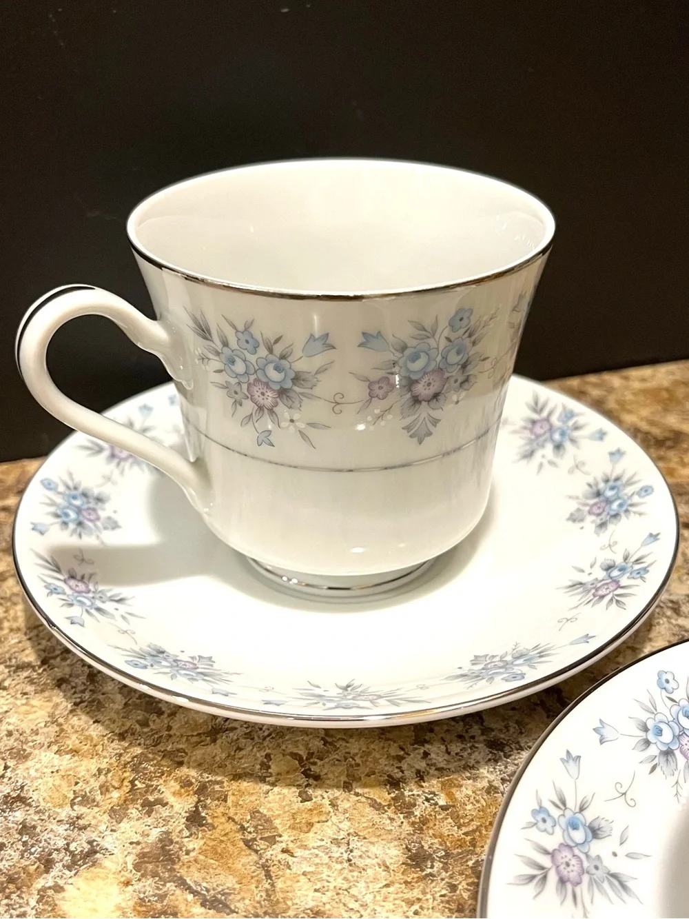 The Wentworth Collection Avington Tea Cups and Saucers with Silver Trim Set of 2
